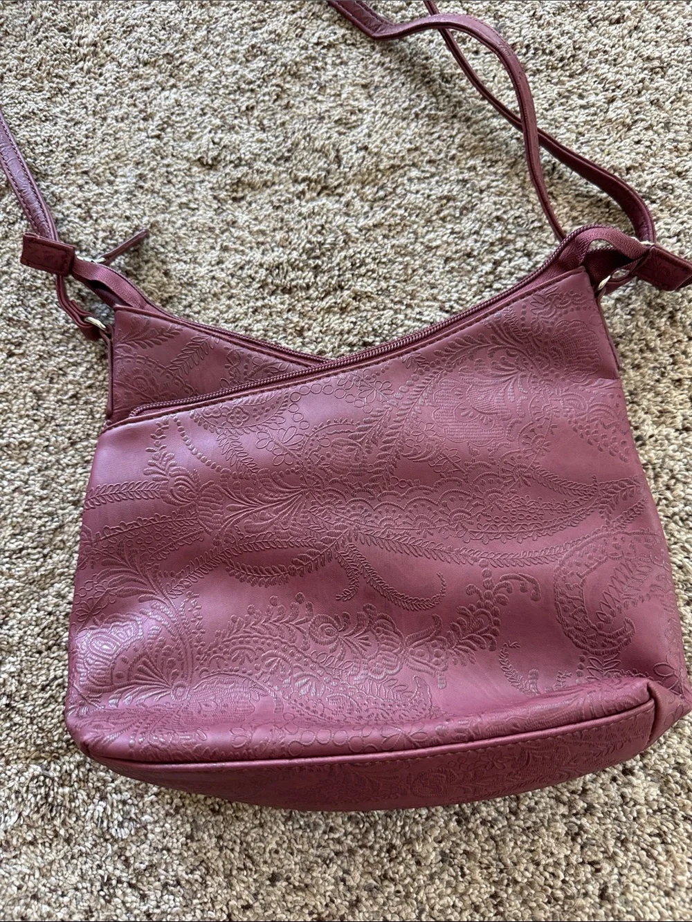 Embossed Burgundy Crossbody Bag with Front Flap